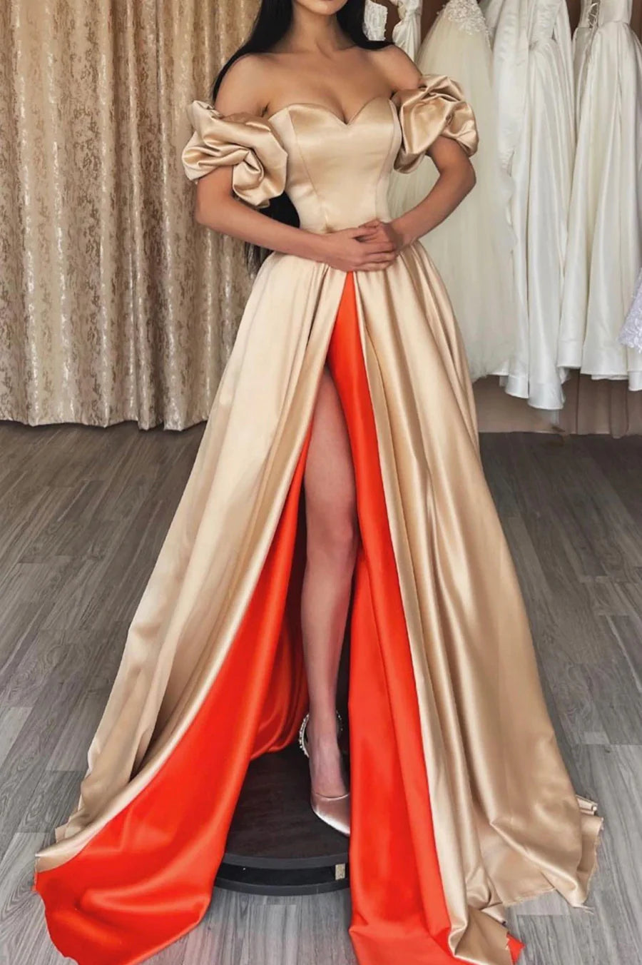 Chic A-Line Sweetheart Short Sleeves Strapless Satin Long Prom Dress With High Split