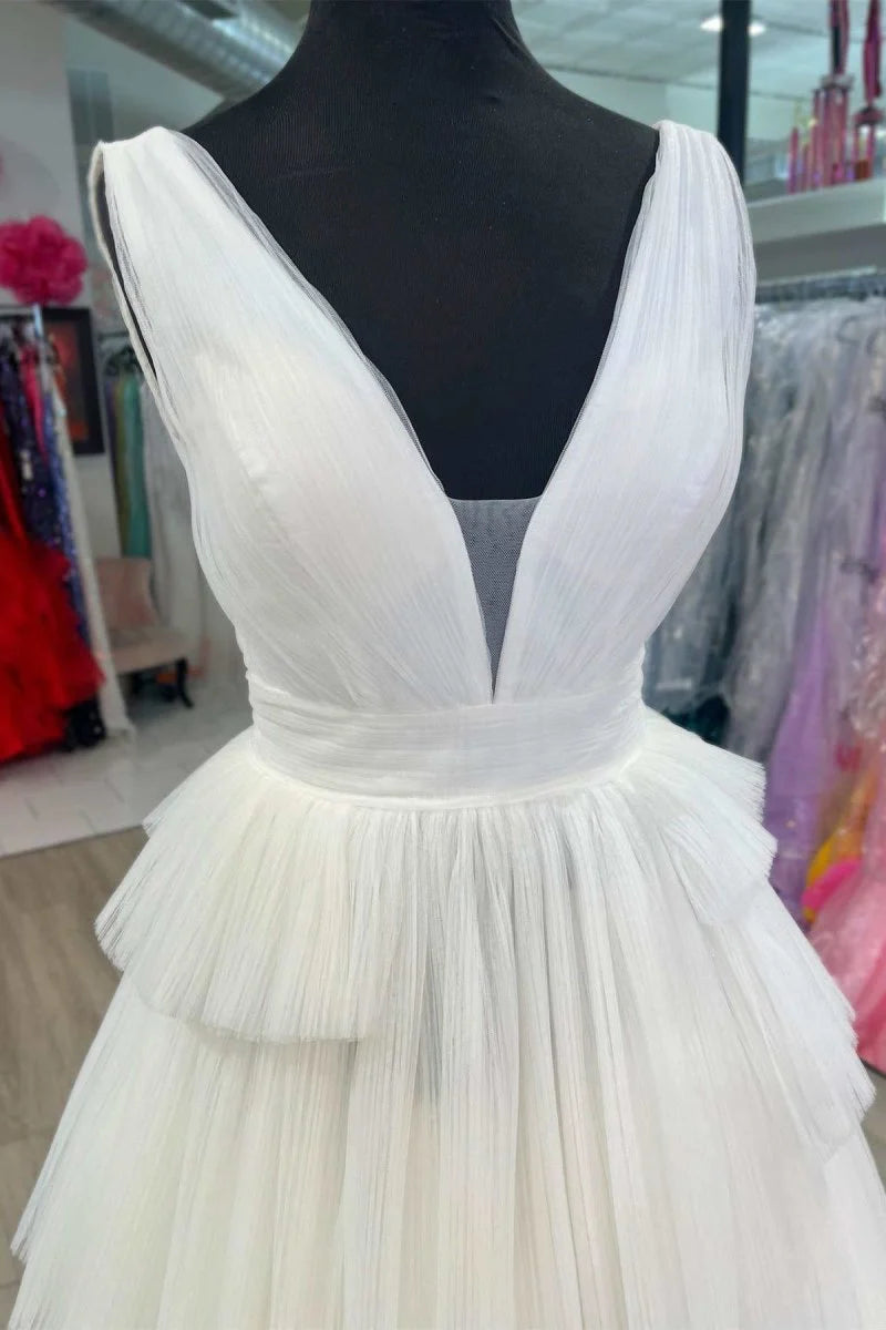 Chic A-Line V-Neck Pleated Tiered Tulle White Long Formal Prom Dress