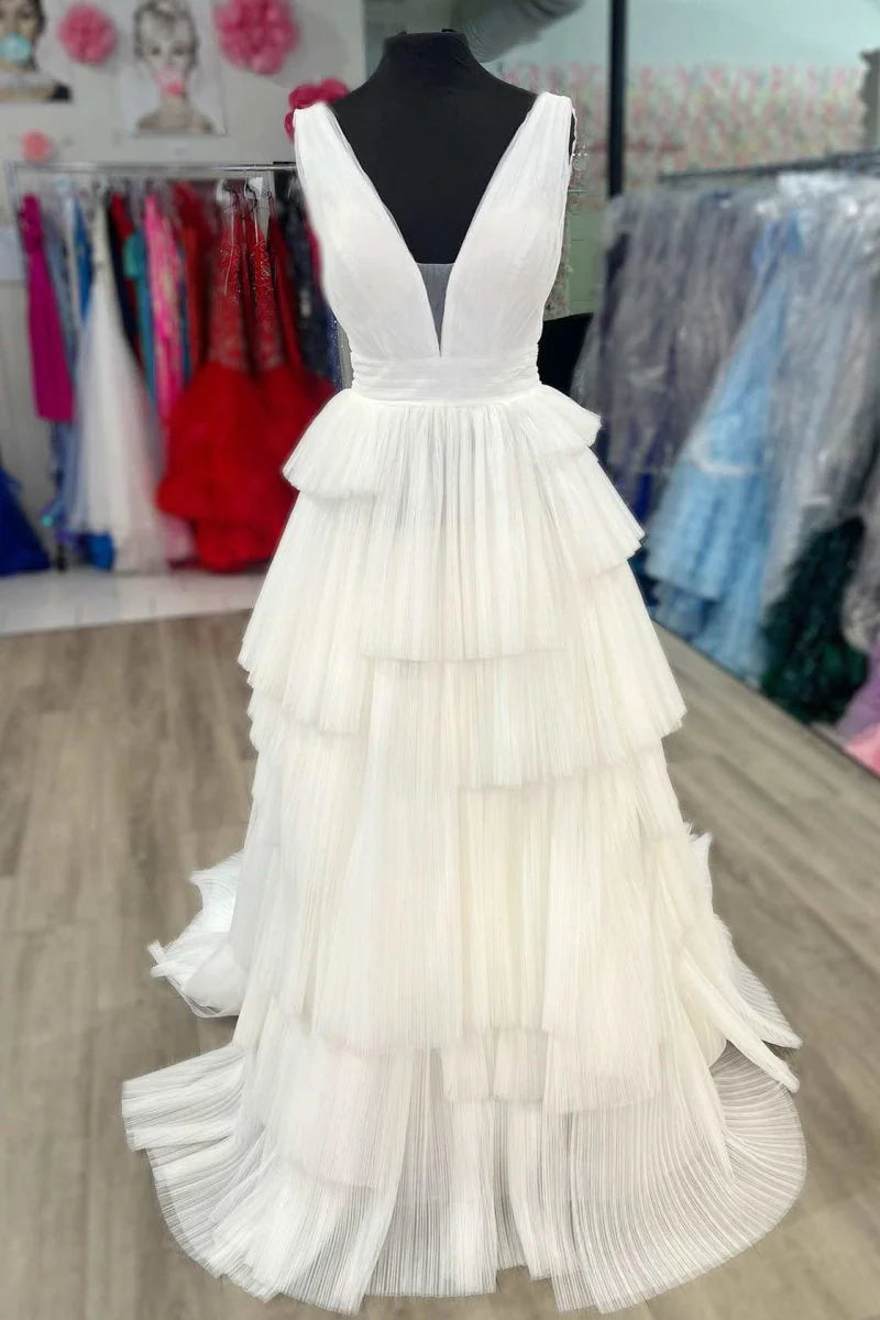 Chic A-Line V-Neck Pleated Tiered Tulle White Long Formal Prom Dress