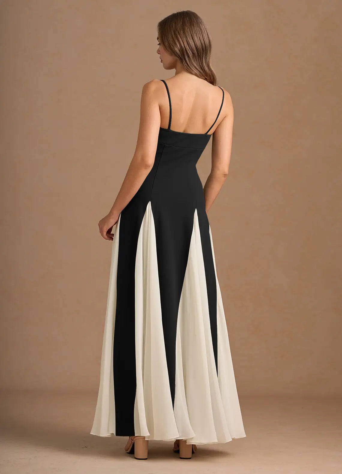 Chic A-line Spaghetti Straps Chiffon White And Black Maxi Prom Dress
