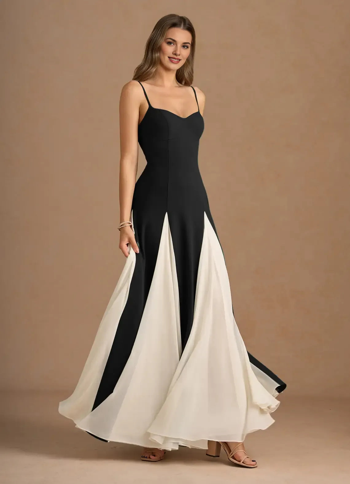 Chic A-line Spaghetti Straps Chiffon White And Black Maxi Prom Dress