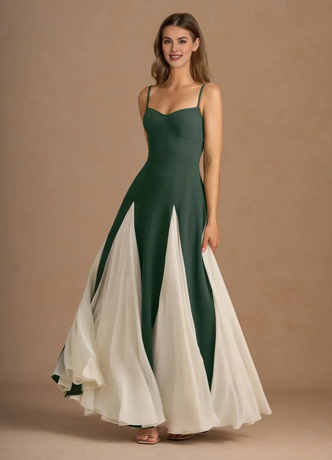 Chic A-line Spaghetti Straps Chiffon White And Eucalyptus Maxi Prom Dress