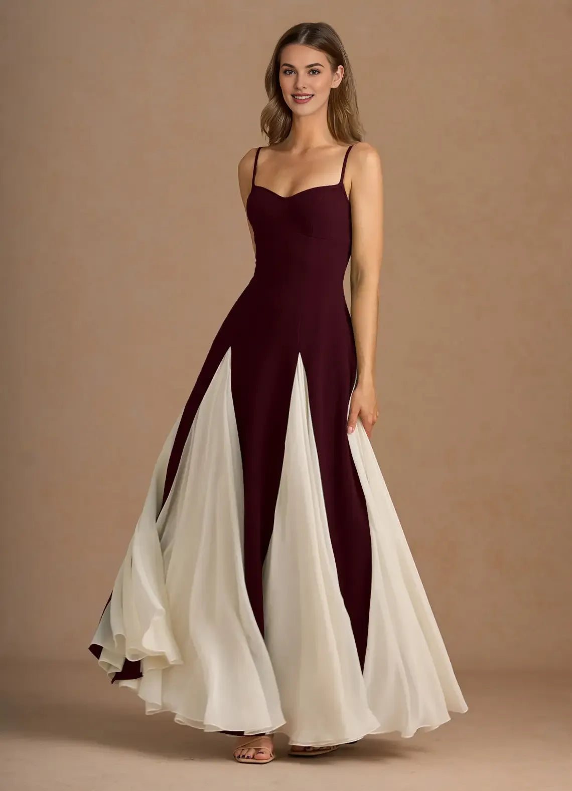 Chic A-line Spaghetti Straps Chiffon White And Wine Maxi Prom Dress