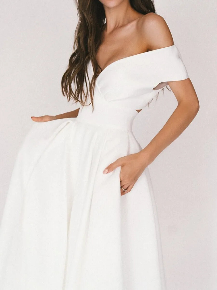 Chic A-line V-Neck Cap Sleeve Cutout Back White Midi Prom Dress For Women Ready To Ship