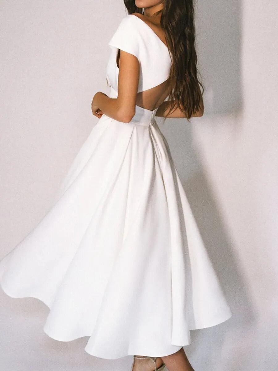 Chic A-line V-Neck Cap Sleeve Cutout Back White Midi Prom Dress For Women Ready To Ship
