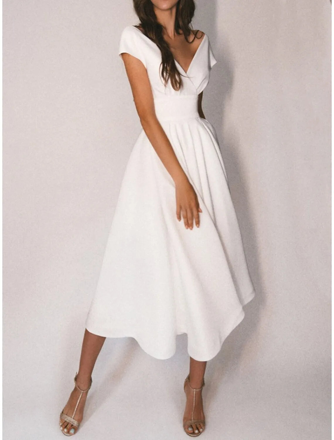 Chic A-line V-Neck Cap Sleeve Cutout Back White Midi Prom Dress For Women Ready To Ship