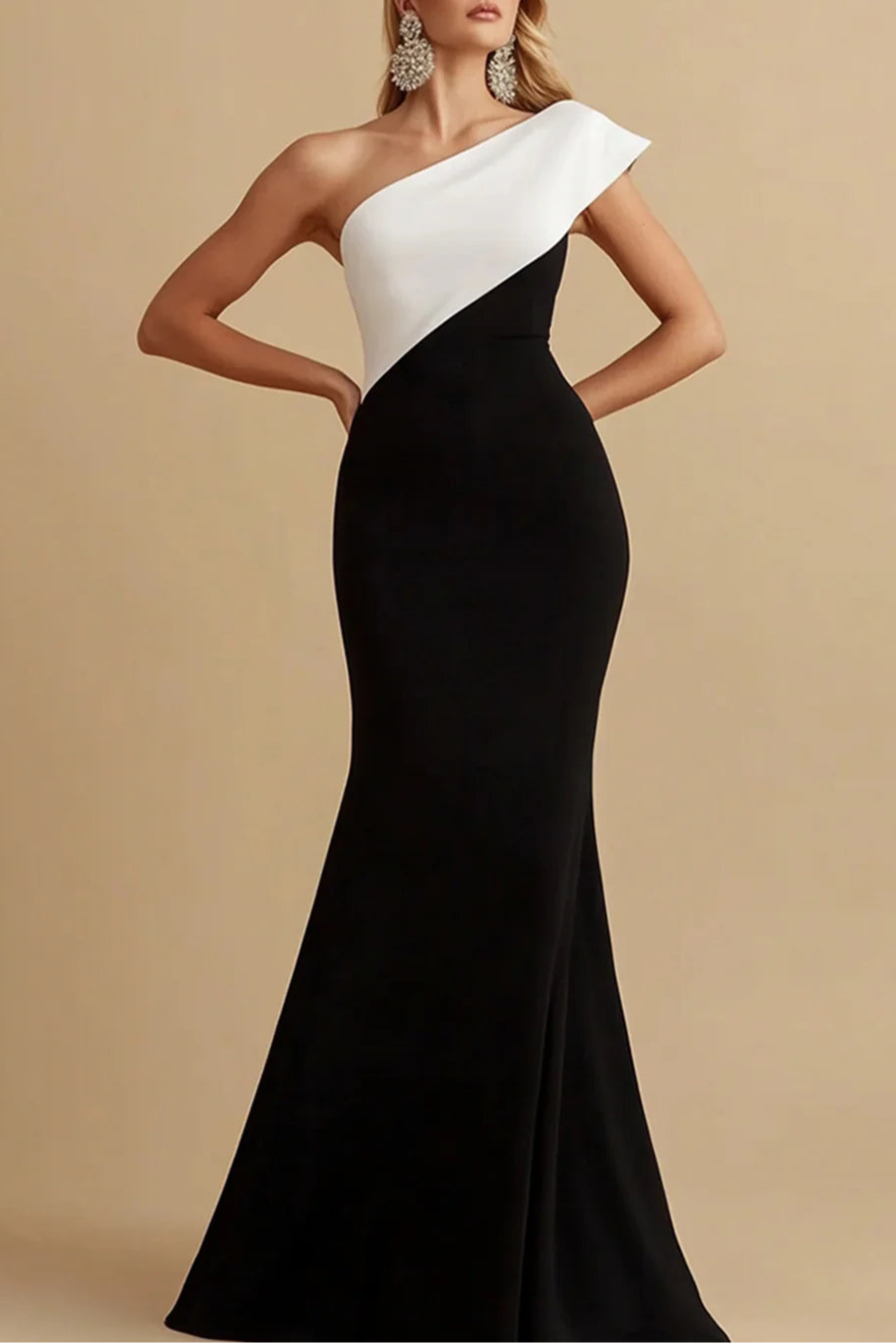 Chic Black And White Satin One Shoulder Mermaid Floor Length Evening Dress Prom Dress