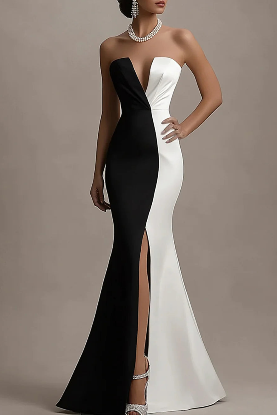 Chic Black And White V Neck Strapless Mermaid Evening Dress With Slit Chic Prom Dress
