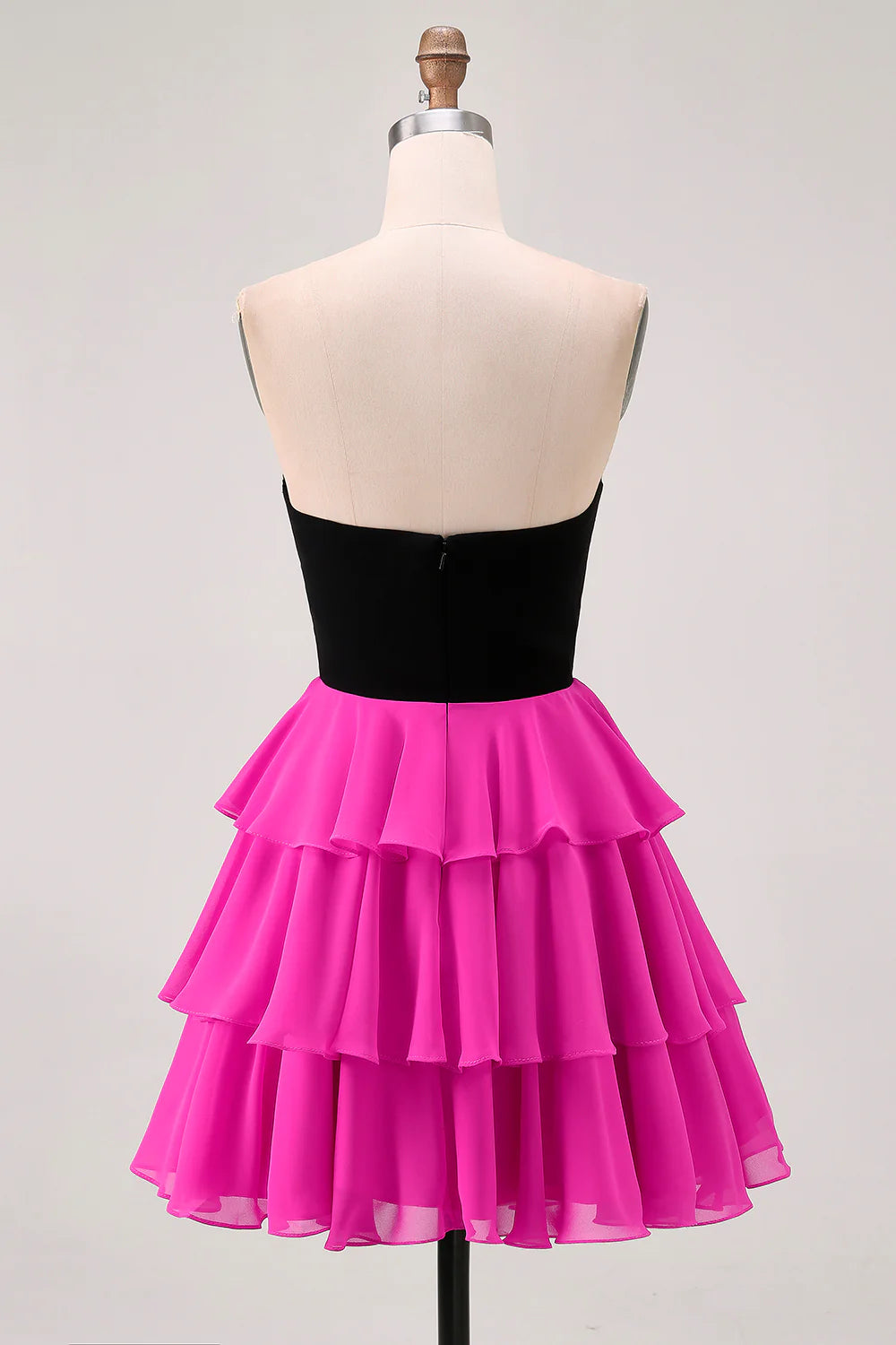 Chic Black Fuchsia Tulle Tiered Pleated Strapless A Line Cut Out Short Homecoming Dress