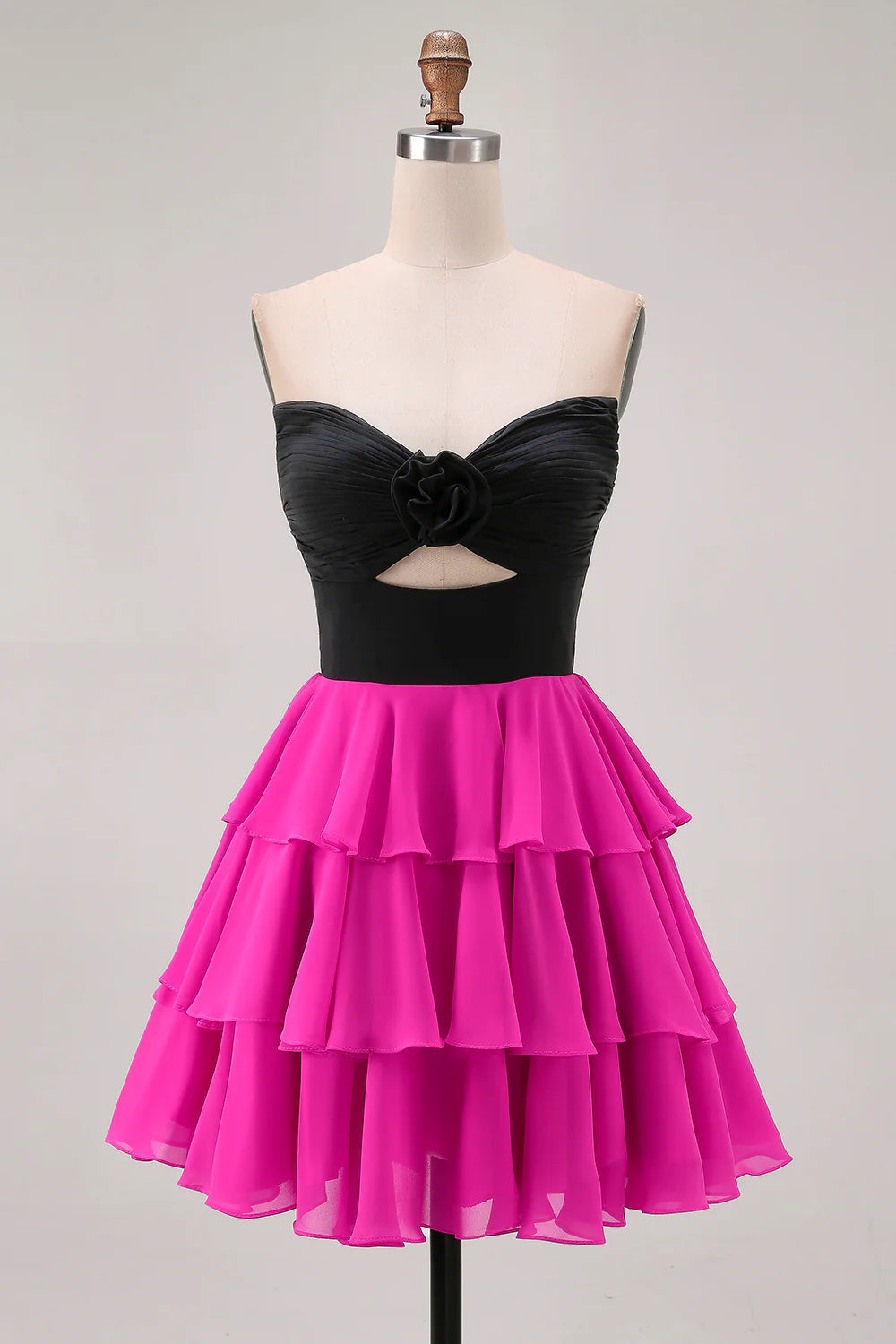 Chic Black Fuchsia Tulle Tiered Pleated Strapless A Line Cut Out Short Homecoming Dress