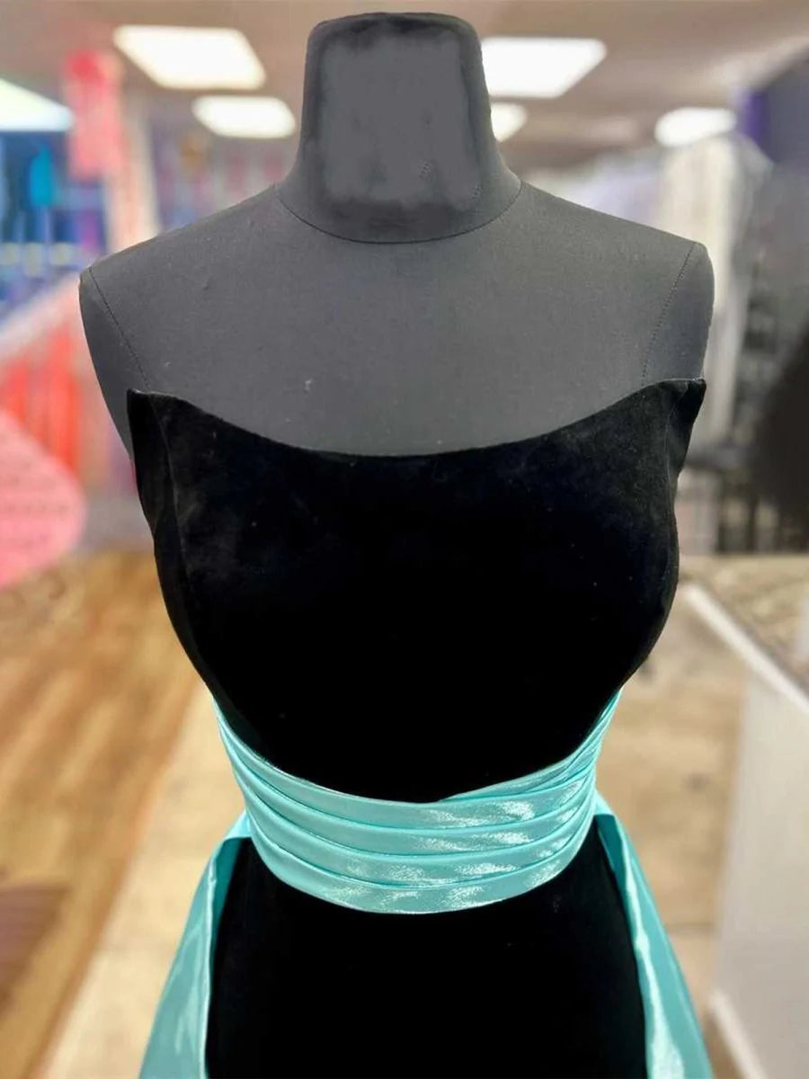 Chic Black Velvet And Aqua Satin Pleated Strapless Short Homecoming Dress With Cape