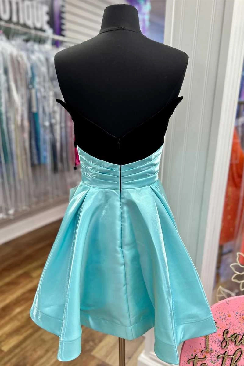 Chic Black Velvet And Aqua Satin Pleated Strapless Short Homecoming Dress With Cape