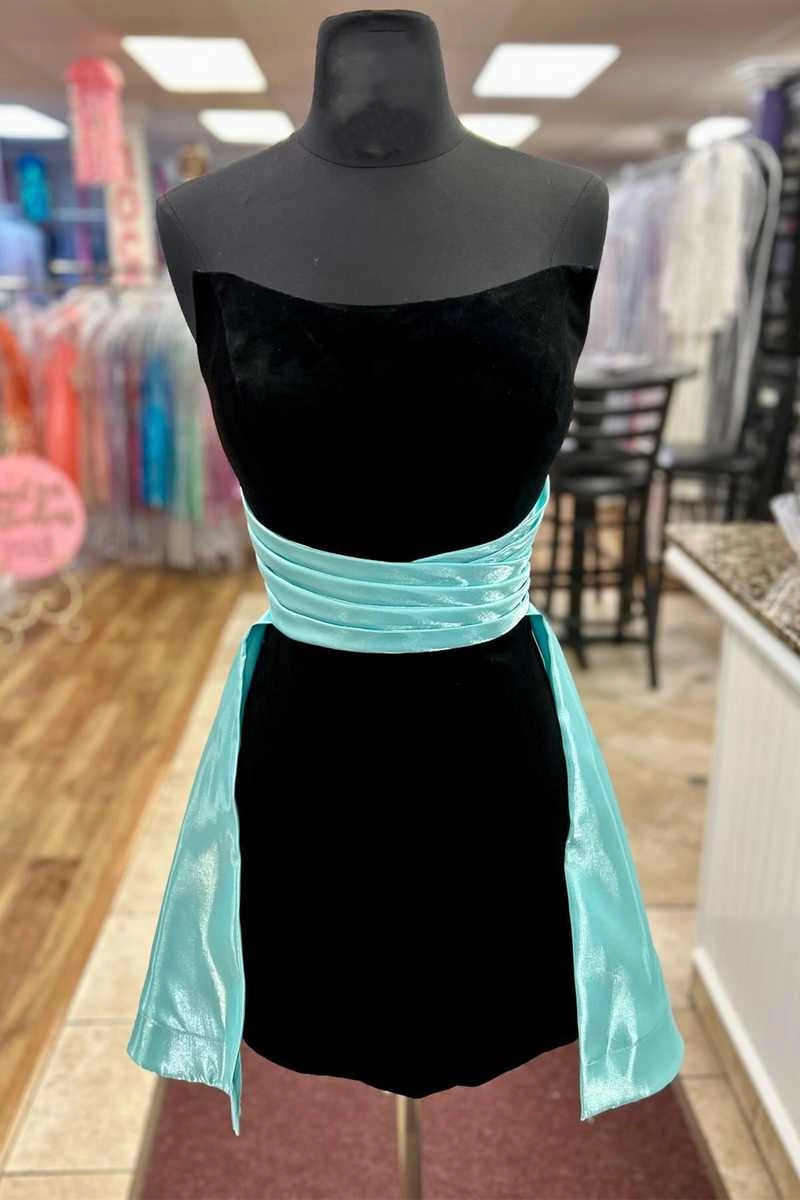 Chic Black Velvet And Aqua Satin Pleated Strapless Short Homecoming Dress With Cape