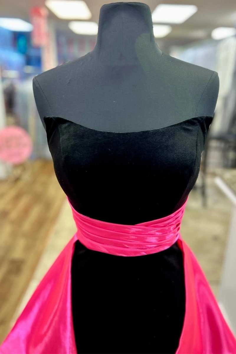 Chic Black Velvet And Fuchsia Satin Pleated Strapless Short Homecoming Dress With Cape
