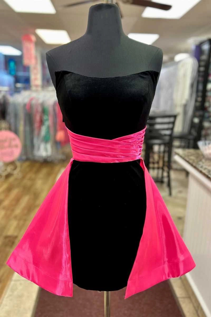 Chic Black Velvet And Fuchsia Satin Pleated Strapless Short Homecoming Dress With Cape