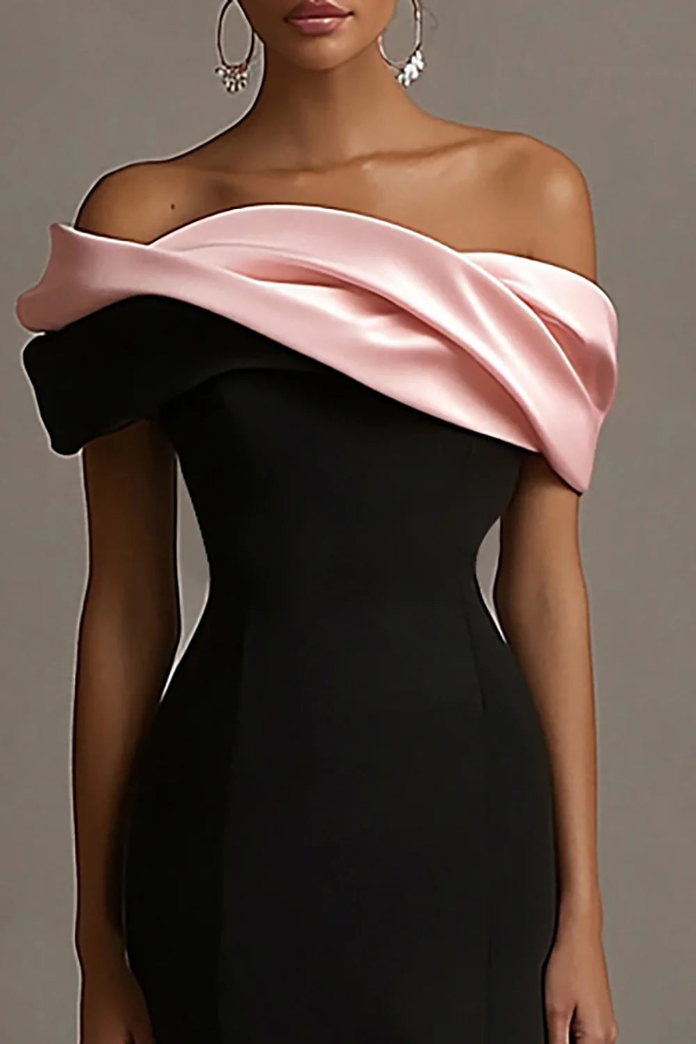 Chic Black and Pink Satin Ruffled Off the Shoulder Sheath Long Evening Dress Party Dress