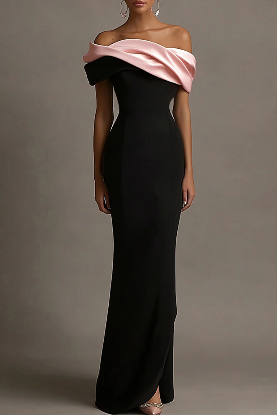 Chic Black and Pink Satin Ruffled Off the Shoulder Sheath Long Evening Dress Party Dress