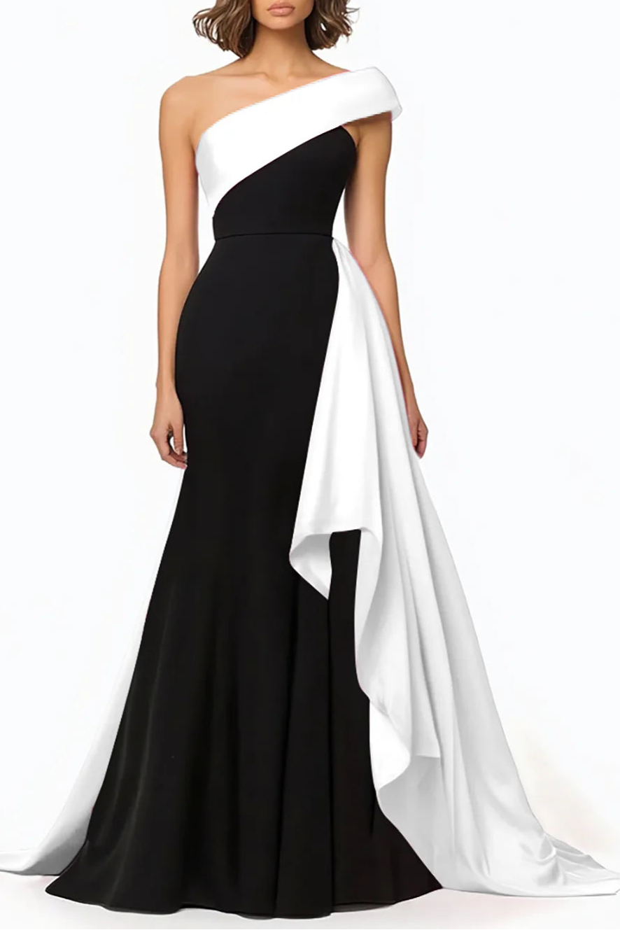 Chic Black and White One Shoulder Ruffled Floor LengthEvening Dress Chic Prom Dress