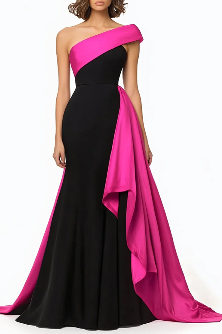 Chic Black and White One Shoulder Ruffled Floor LengthEvening Dress Chic Prom Dress