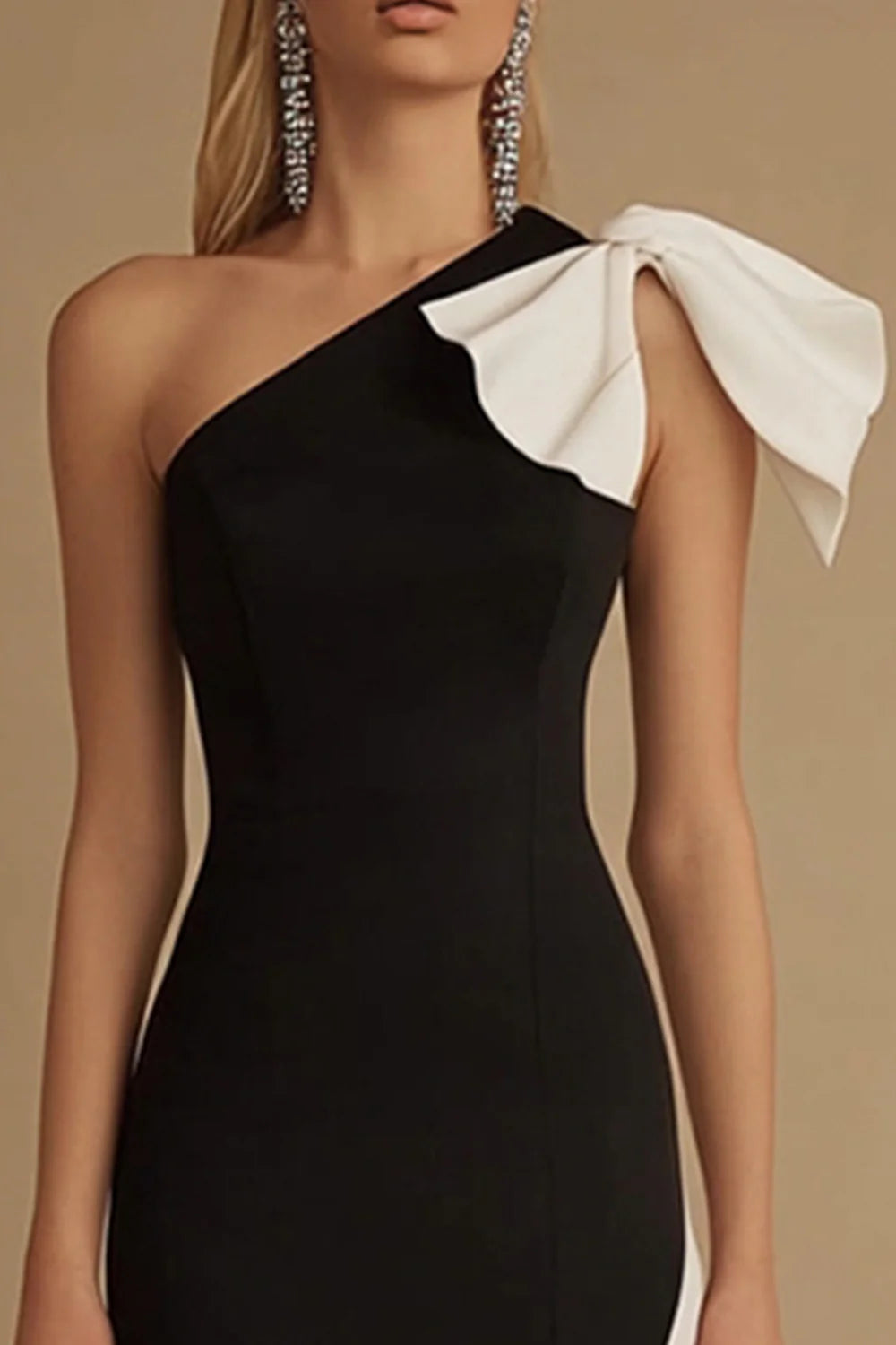 Chic Black and White Sheath With Train One Shoulder Bow Evening Dress Chic Party Dress