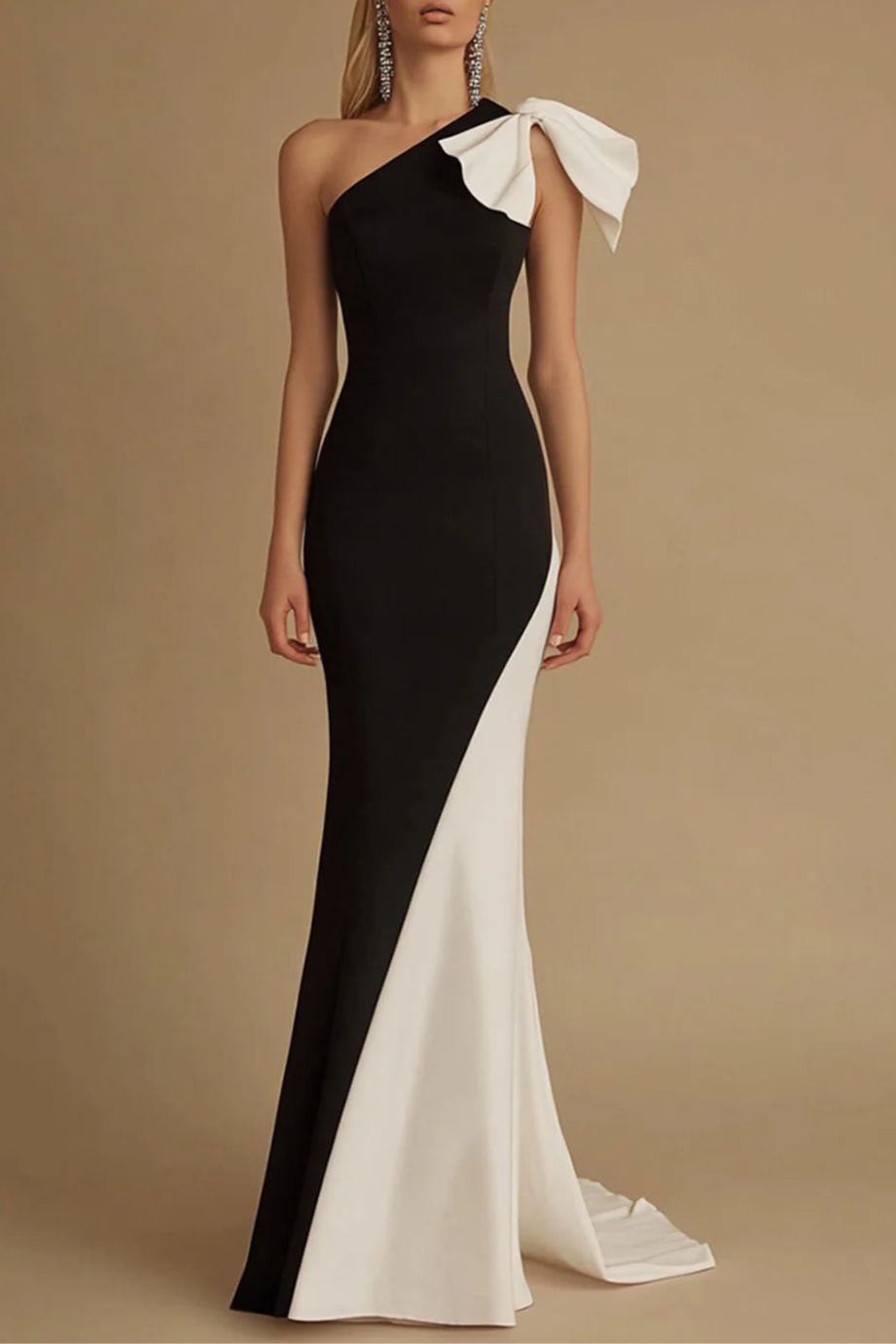 Chic Black and White Sheath With Train One Shoulder Bow Evening Dress Chic Party Dress