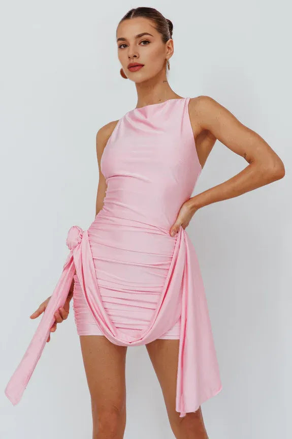 Chic Boat Neck Ruching Rose Sash Feature Baby Pink Mini Homecoming Dress