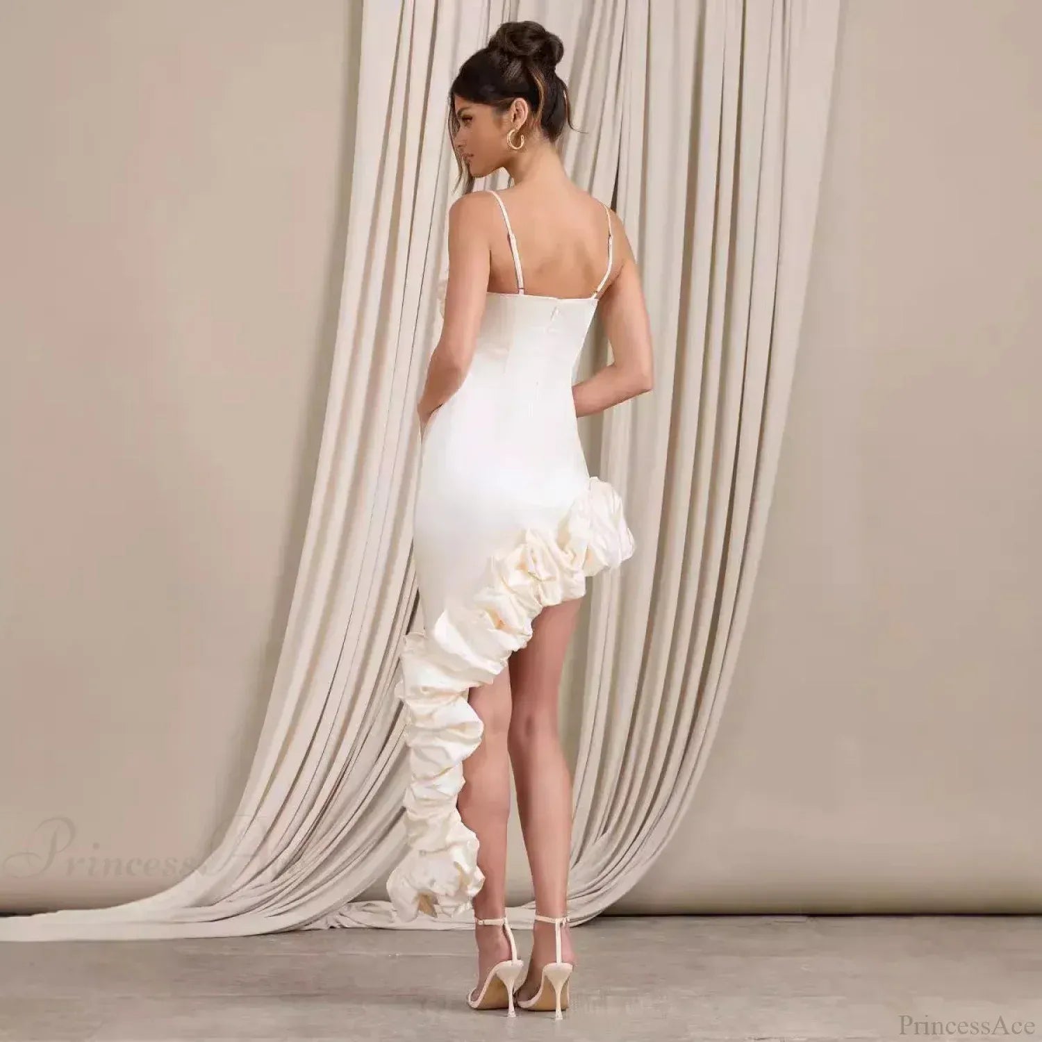 Chic Bodycon Spaghetti-Strap Ruffled White Midi Prom Dress With Asymmetrical Hem