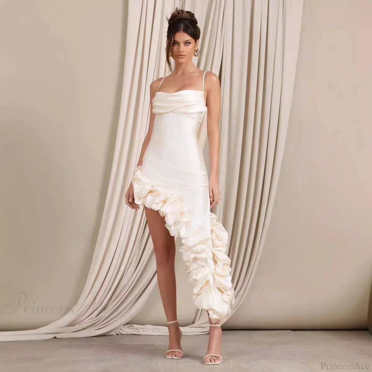 Chic Bodycon Spaghetti-Strap Ruffled White Midi Prom Dress With Asymmetrical Hem