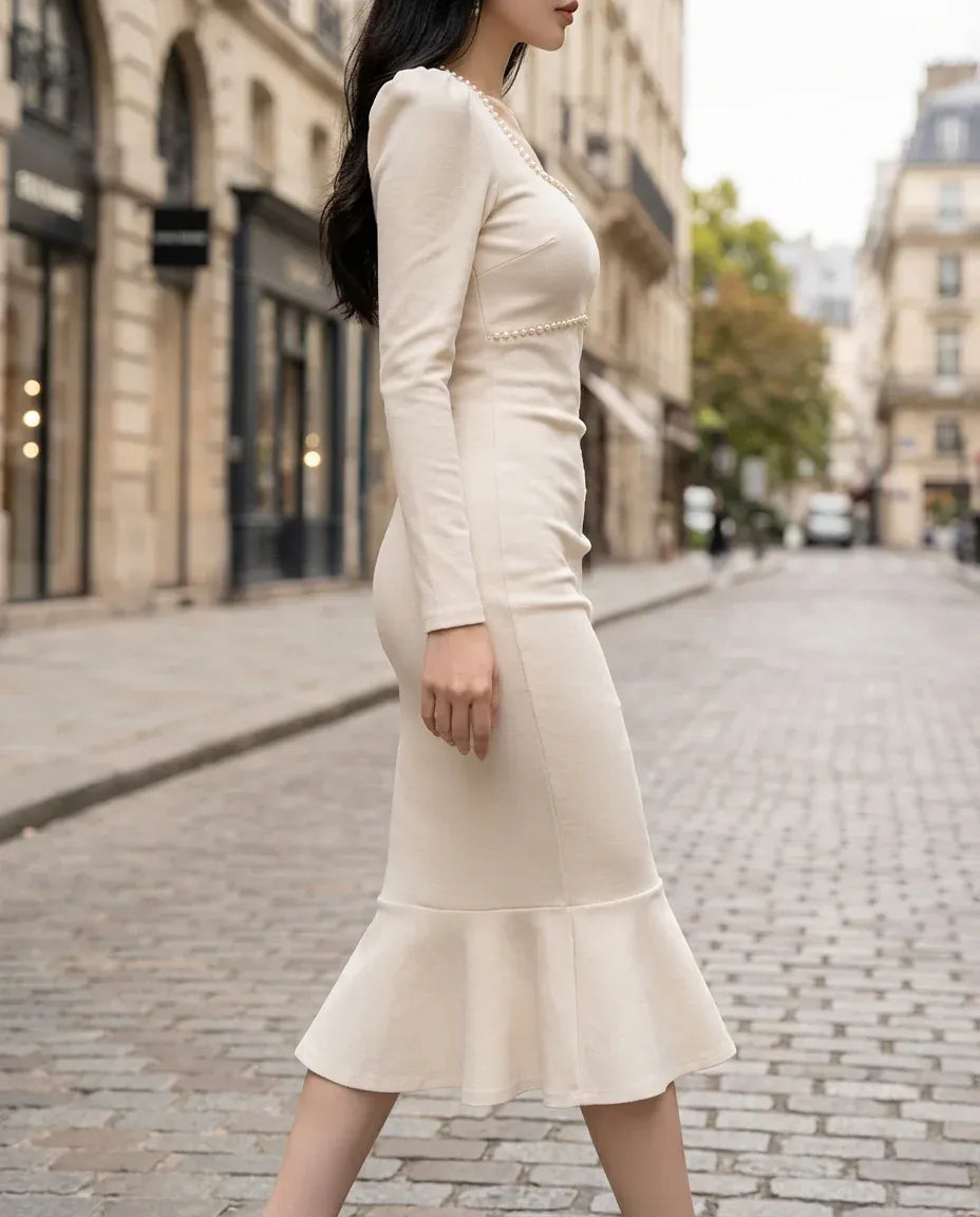 Chic Bodycon Square Neck Long Sleeve Beaded Ruffled Beige Midi Evening Dresses