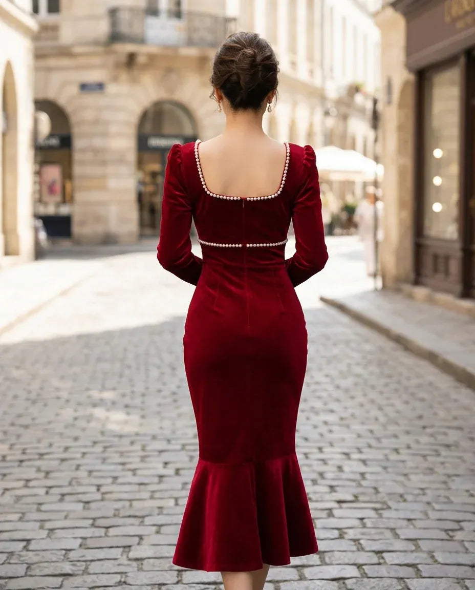 Chic Bodycon Square Neck Long Sleeve Beaded Ruffled Beige Midi Evening Dresses