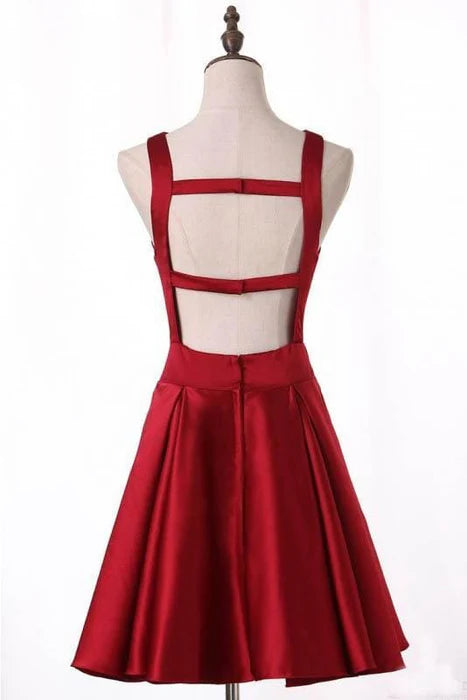 Chic Burgundy Satin Cross Straps Homecoming A Line Short Prom Dress With Keyhole