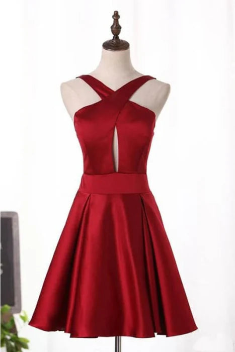Chic Burgundy Satin Cross Straps Homecoming A Line Short Prom Dress With Keyhole
