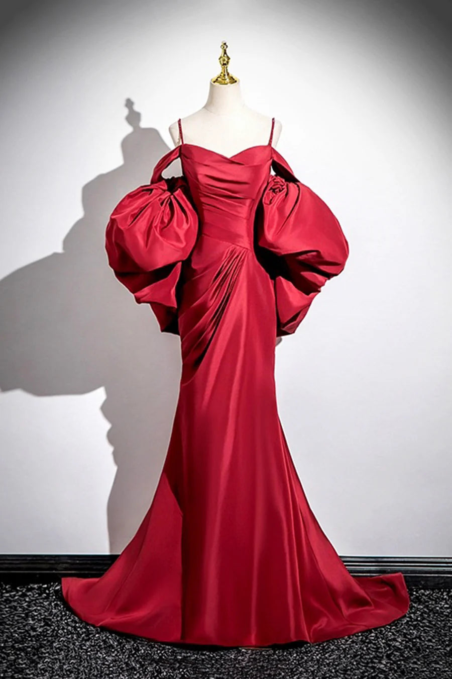 Chic Burgundy Satin Pleated Mermaid Spaghetti Strap Long Prom Dress Party Dress