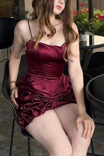Chic Burgundy Satin Spaghetti Straps Ruffles Sleeveless Mini Homecoming Dress Party Dress
