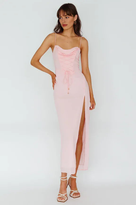Chic Cowl Neck Spaghetti Straps Lace-up Split Pink Midi Evening Dress