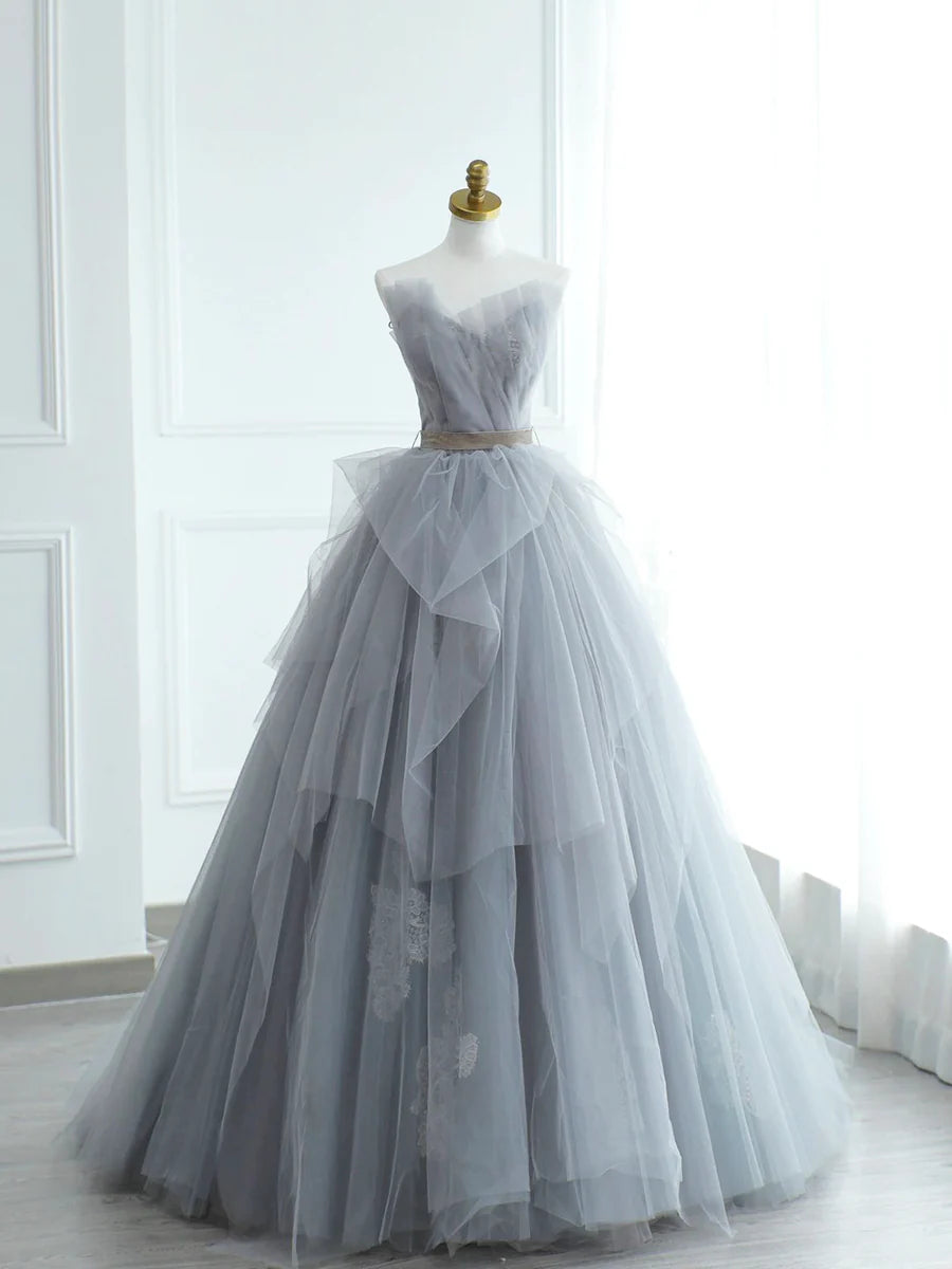Chic Gray Strapless Tulle Lace A-Line Floor Length Prom Dress Evening Party Dress