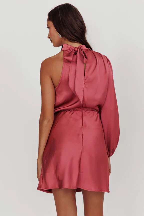 Chic Half High Neck One Sleeve Satin Dusty Pink Mini Homecoming Dress