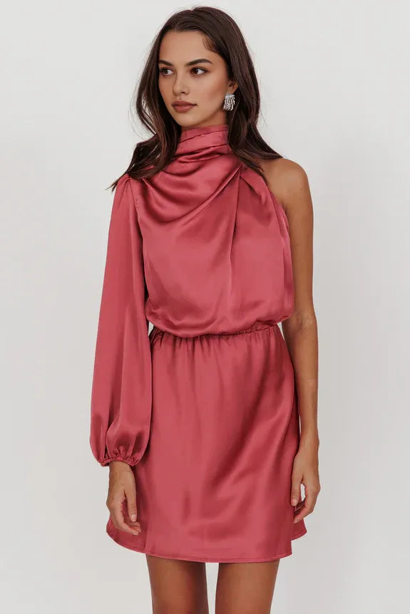 Chic Half High Neck One Sleeve Satin Dusty Pink Mini Homecoming Dress