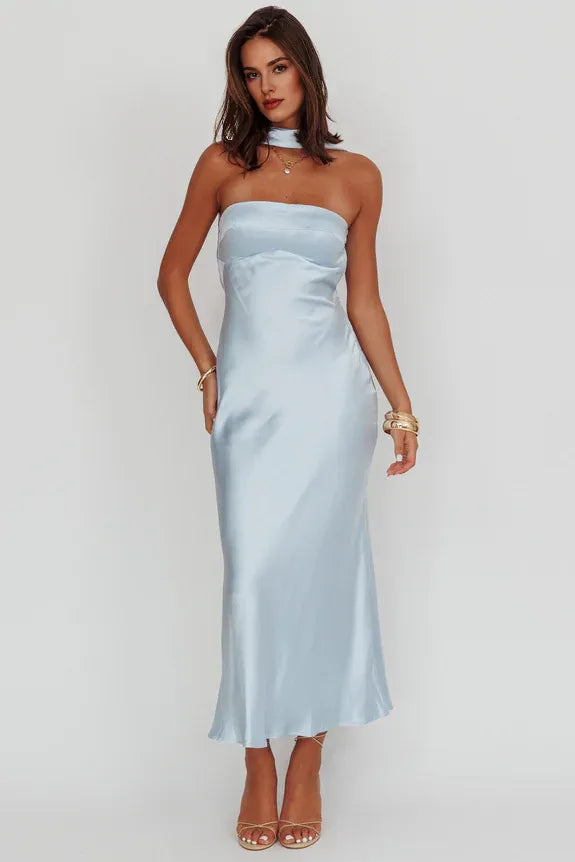 Chic Halter Cowl Draped Back Satin Baby Blue Maxi Evening Dress For Women