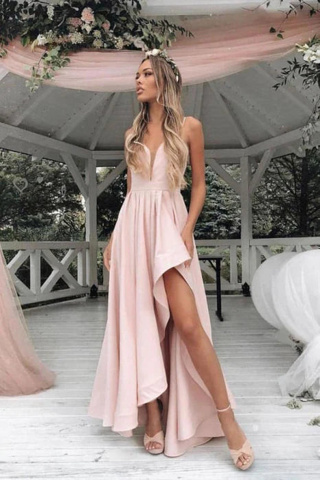 Chic Light Pink V Neck Prom Dress Sexy Spaghetti Strap Bridesmaid Dress With Asymmetrical Hem