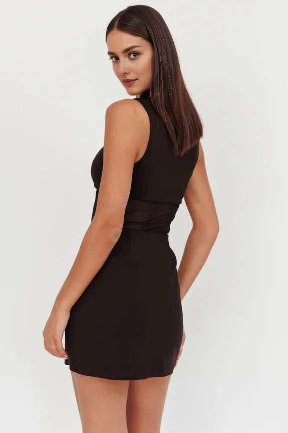 Chic Mandarin Collar Sheer Waist Mesh Black Mini Homecoming Dress