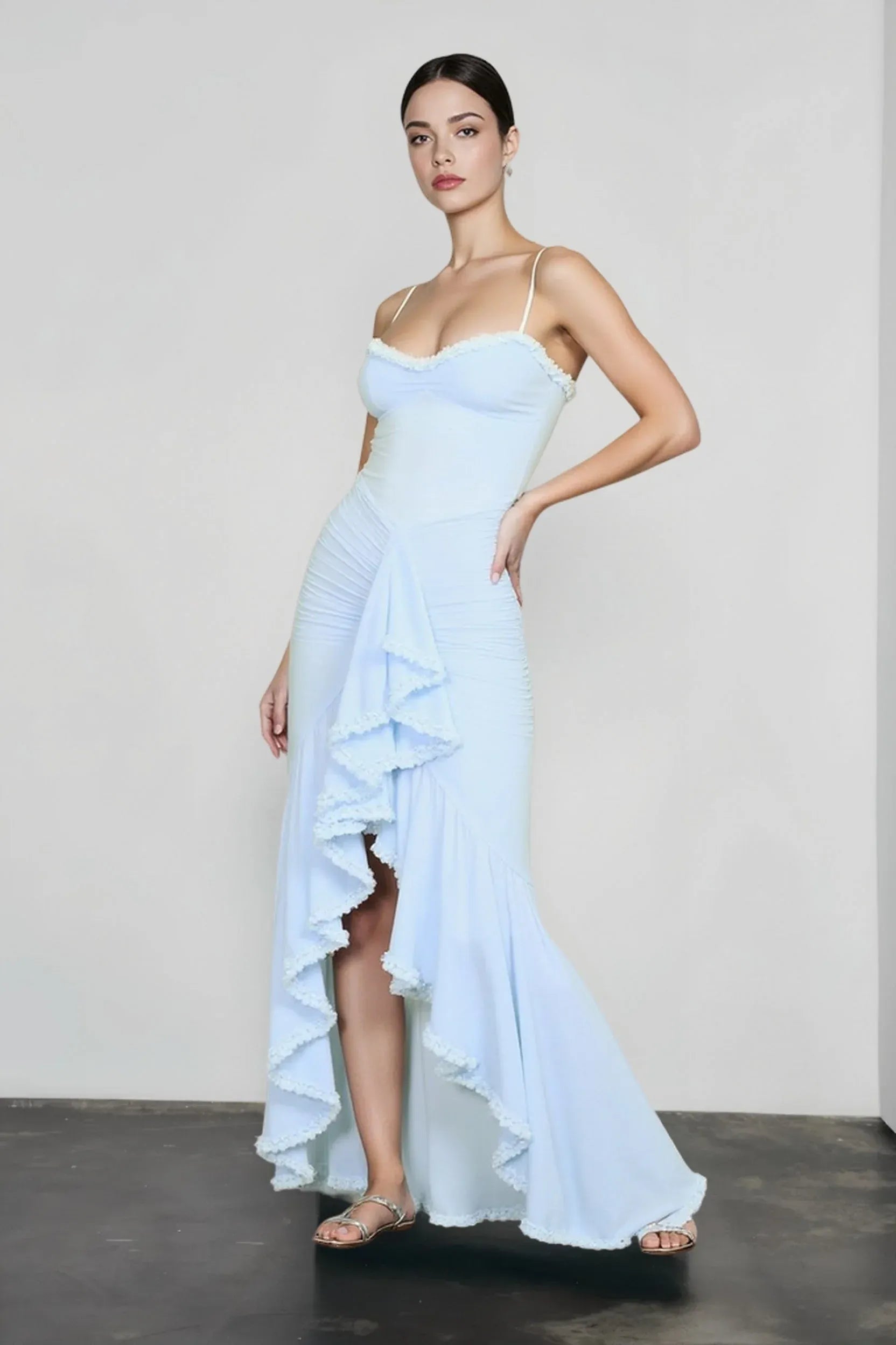 Chic Mermaid Spaghetti Straps Ruffle Sky Blue Long Vacation Prom Dress For Women