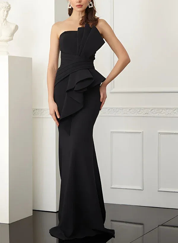 Chic Mermaid Strapless Ruched Ruffled Black Floor-Length Evening Dress For Women