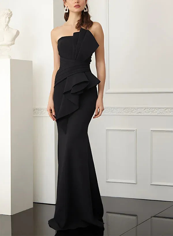 Chic Mermaid Strapless Ruched Ruffled Black Floor-Length Evening Dress For Women