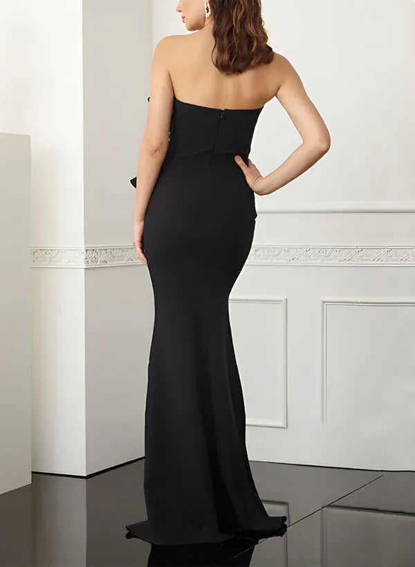 Chic Mermaid Strapless Ruched Ruffled Black Floor-Length Evening Dress For Women
