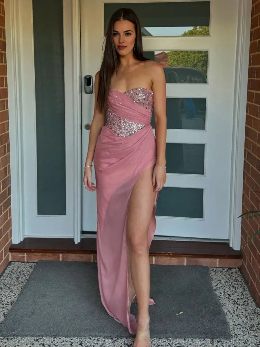 Chic Mermaid Strapless Sequin Blush Floor Length Prom Dress With Split