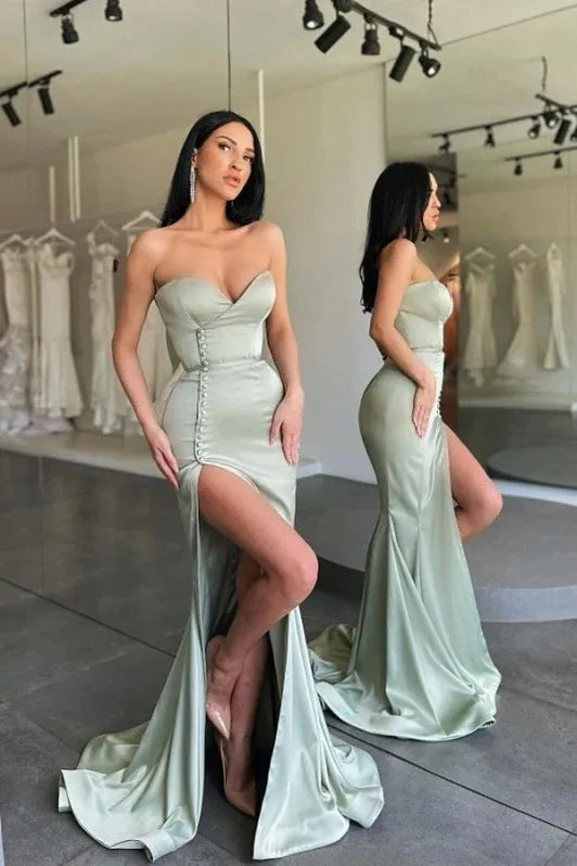 Chic Mermaid Sweetheart Neck Sleeveless Buttoned Sage Green Maxi Prom Dress for Women Ready to Ship