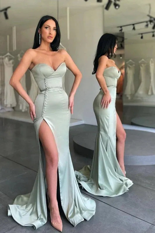Chic Mermaid Sweetheart Neck Sleeveless Buttoned Sage Green Maxi Prom Dress for Women Ready to Ship