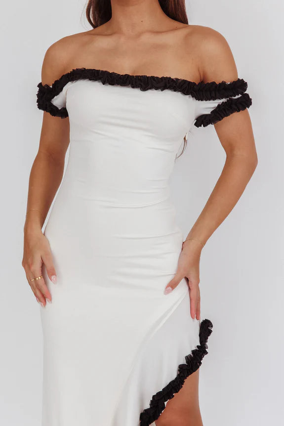 Chic Off-Shoulder High Low Asymmetric Hem Cream Long Prom Dress