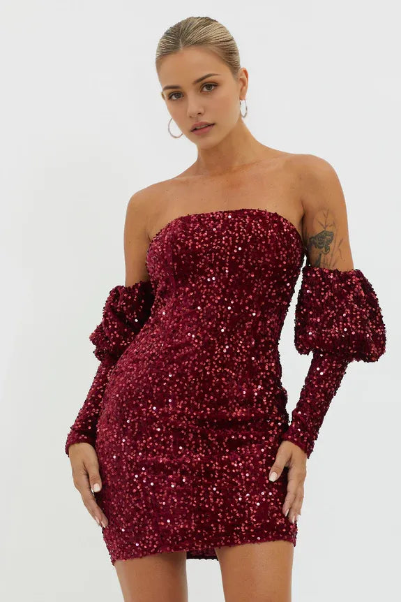 Chic Off-shoulder Long Sleeves Velvet And Sequin Wine Mini Homecoming Dress